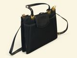 black leather handbag on a white background with a black strap