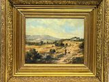 un tableau représentant un paysage avec un homme et un chien au premier plan
