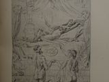 an old book with a drawing of a woman laying on a bed
