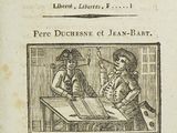 an old book with a picture of a man and a woman sitting at a table