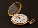 a gold pocket watch with roman numerals on it