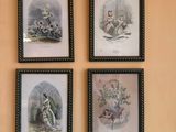 four framed pictures of a woman sitting on a bench in front of a wall