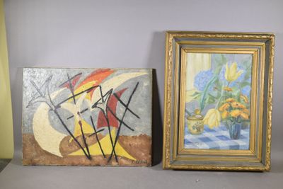 deux tableaux posés côte à côte sur une étagère