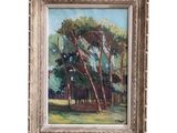 an oil painting of trees in a field with a white frame