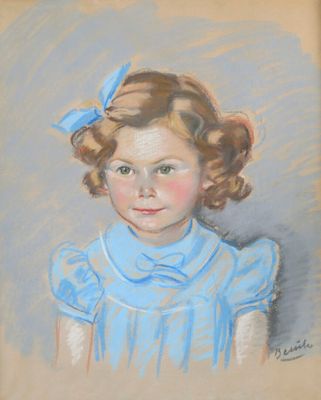 tableau représentant une jeune fille vêtue d'une robe bleue ornée d'un nœud bleu
