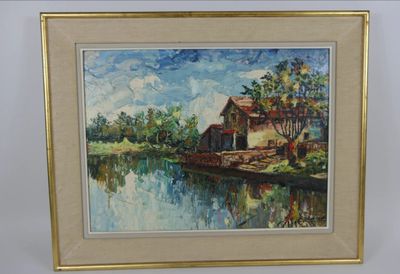 tableau représentant une maison au bord d'un lac avec un bateau sur l'eau