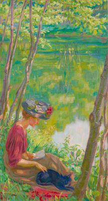 an image of a painting of a woman reading a book in the woods