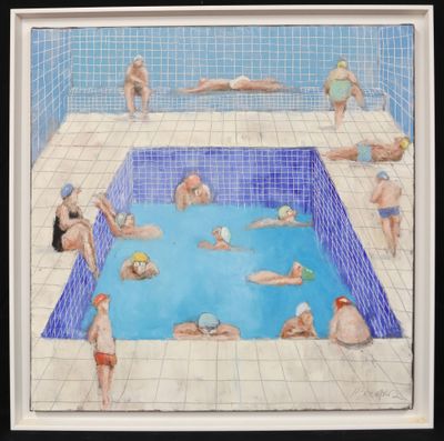 painting of a group of people swimming in a swimming pool