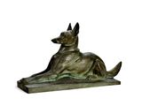 statue of a dog laying down on a base on a white background