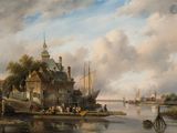 un tableau représentant une scène fluviale avec des bateaux sur l'eau
