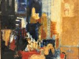 une peinture à l'huile représentant une femme assise sur un canapé dans un salon