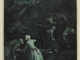 tableau représentant une femme et un enfant dans un environnement boisé