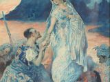 tableau représentant une femme et un homme dans un bateau sur un lac