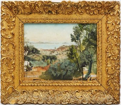 une image représentant un tableau représentant un paysage avec un homme et un chien