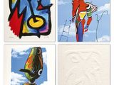 four different paintings of different shapes and sizes on a white surface