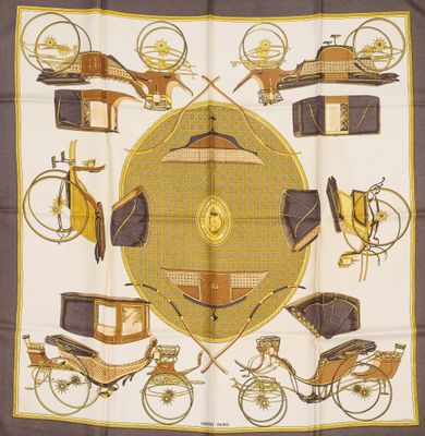 une photo d'un foulard carré sur lequel figurent un vélo et d'autres objets