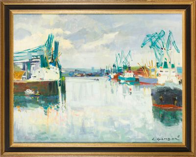 une peinture à l'huile d'une scène portuaire avec des bateaux dans l'eau