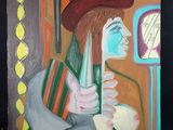 une peinture à l'huile représentant une femme coiffée d'un chapeau rouge qui se regarde dans un miroir