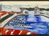 a painting of boats in a harbor with a lighthouse in the background