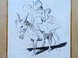 drawing of a man riding a donkey with a child on his back