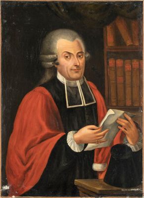 a painting of a man reading a book in a library