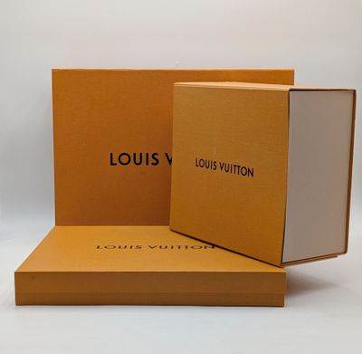 two louis vuitton boxes are open on a white surface