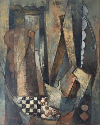 une image représentant une nature morte peinte, composée de vases et d'autres objets