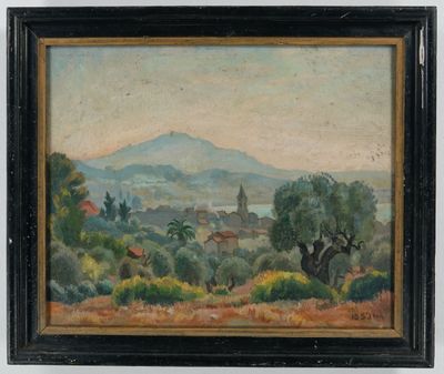 une peinture à l'huile d'un paysage avec une montagne en arrière-plan