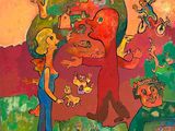 un tableau représentant un homme et une femme debout devant un arbre