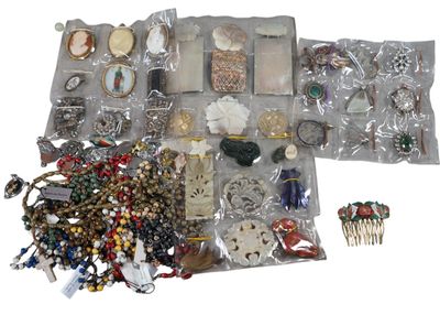 a lot of jewelry in the bag on the table