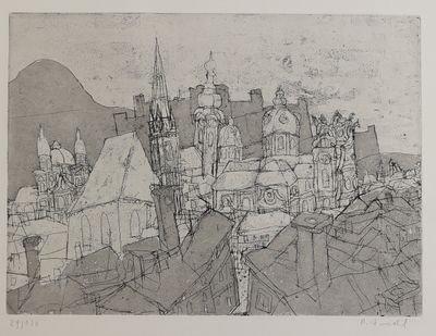 un dessin en noir et blanc représentant une ville avec une tour horloge