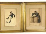 deux gravures encadrées représentant un homme et une femme en train de jouer à un jeu