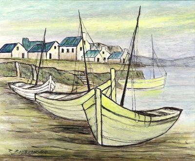 un dessin représentant une rangée de bateaux sur le rivage