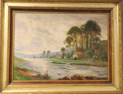 tableau représentant un paysage avec une rivière et des arbres, dans un cadre doré