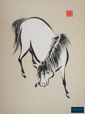 chinese ink painting of a horse on a beige background