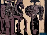 two men standing next to each other with a horse