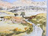 a watercolor painting of a dirt road in the desert