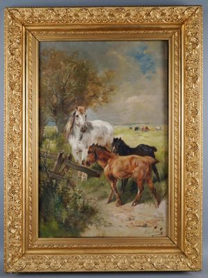 painting of horses and foals in a field by a fence