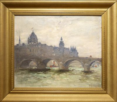 peinture d'un pont sur une rivière avec un bâtiment en arrière-plan