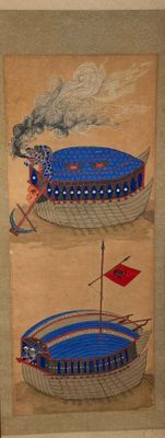 a picture of a painting of a boat and a boat on the water