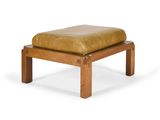 the foot stool is made of wood and has a tan leather cushion