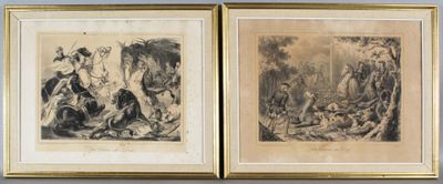 deux dessins encadrés représentant un homme et une femme dans un décor boisé