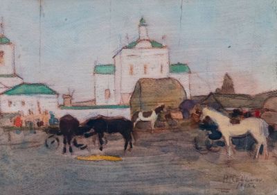 a painting of horses and people in a town square