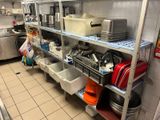 a kitchen with a lot of dishes and pans on the shelves