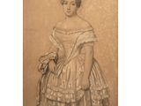 a drawing of a woman in a dress and hat