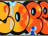 painting of the word boo written in orange and blue on a yellow background