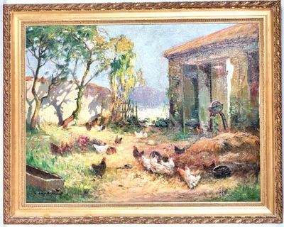 École XXe. "La Basse-Cour", huile sur toile, signée en bas à…