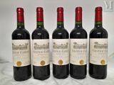 four bottles of red wine are lined up on a table