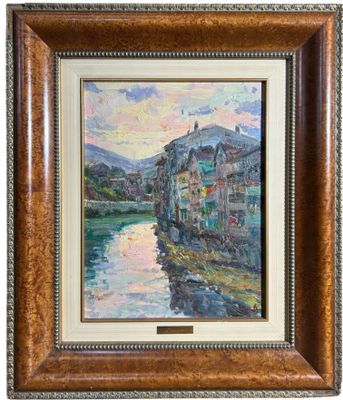 un tableau représentant une scène fluviale avec des bâtiments et de l'eau