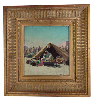 une peinture à l'huile représentant une femme assise dans une tente avec d'autres personnes